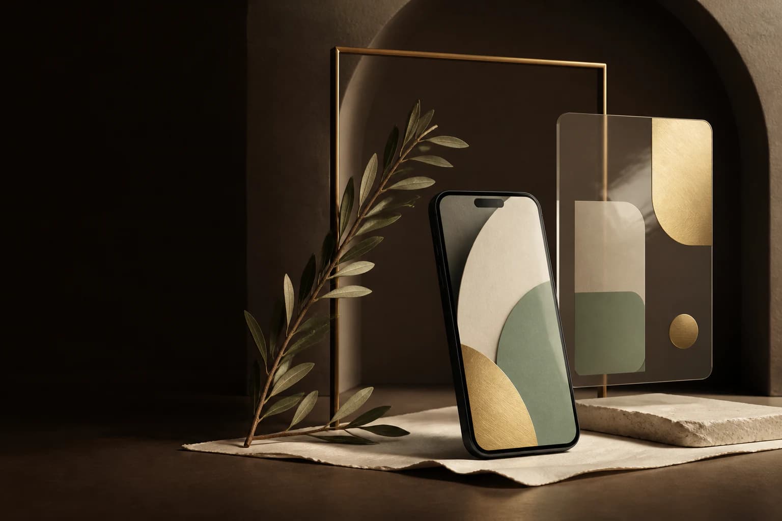 Composição editorial da bloom com smartphone, materiais naturais e elementos de estratégia digital